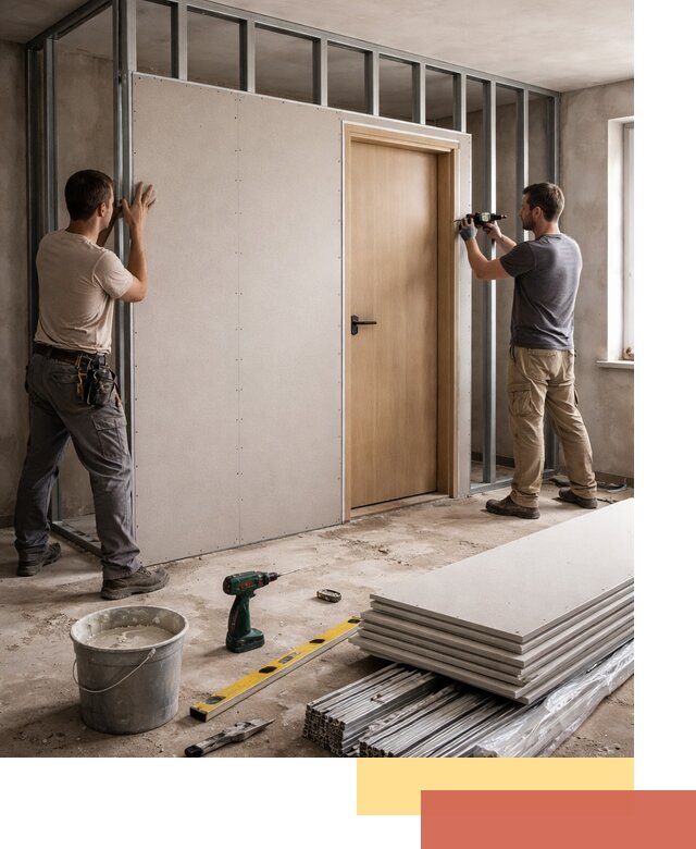 Перегородка из гипсокартона с дверью под ключ в Кисловодске