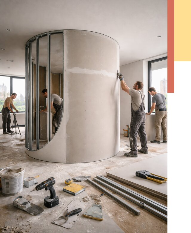 Радиусная перегородка из гипсокартона в Кисловодске от 3101 руб. под ключ | ОТДЕЛОЧНИК-Ксл