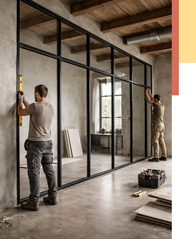 Стеклянные перегородки лофт в Кисловодске от 11229 руб. под ключ | ОТДЕЛОЧНИК-Ксл