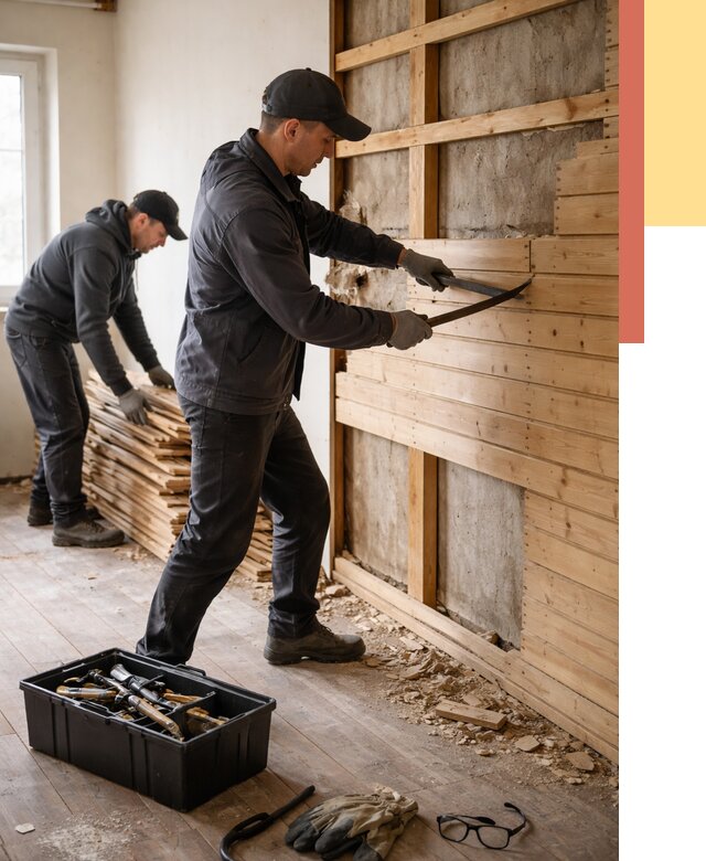 Демонтаж вагонки в Кисловодске от 4064 руб/м2 — быстро и недорого | ОТДЕЛОЧНИК-Ксл