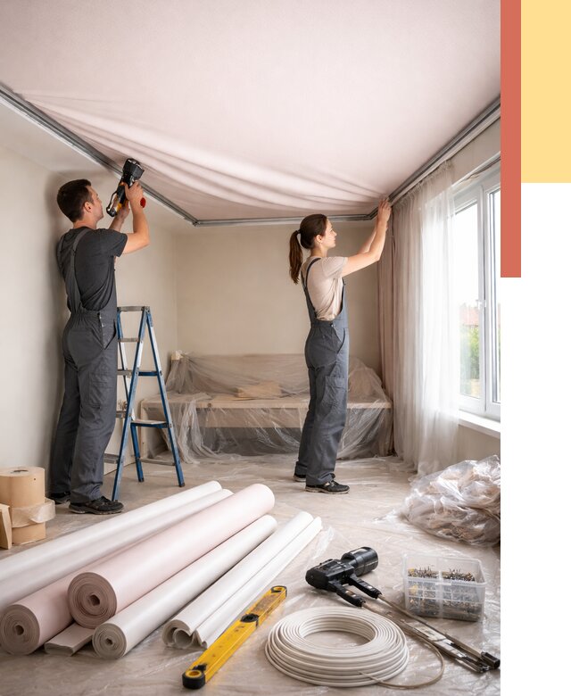 Монтаж цветного натяжного потолка в Кисловодске от 4491 руб/м² — быстро и недорого | ОТДЕЛОЧНИК-Ксл