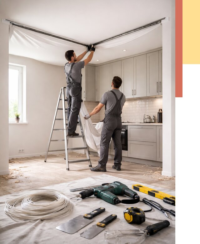 Установка натяжного потолка на кухне в Кисловодске от 2567 руб. | ОТДЕЛОЧНИК-Ксл