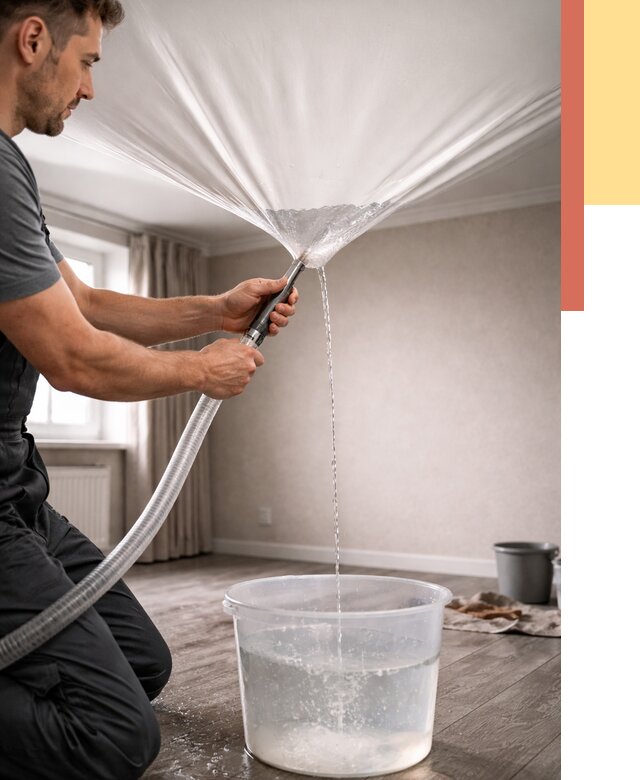 Слив воды с натяжного потолка в Кисловодске от 2674 руб. быстро и недорого | ОТДЕЛОЧНИК-Ксл