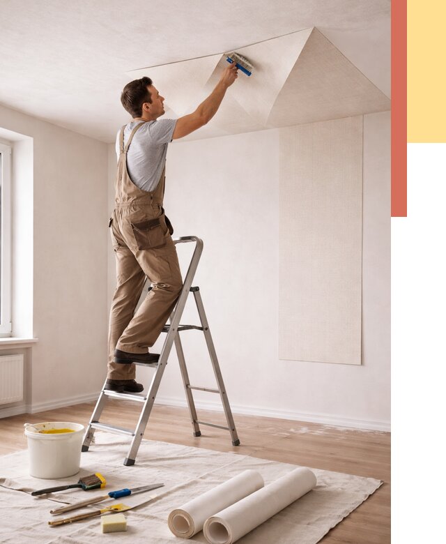 Поклейка обоев на потолок в Кисловодске от 4812 руб. быстро и недорого | ОТДЕЛОЧНИК-Ксл